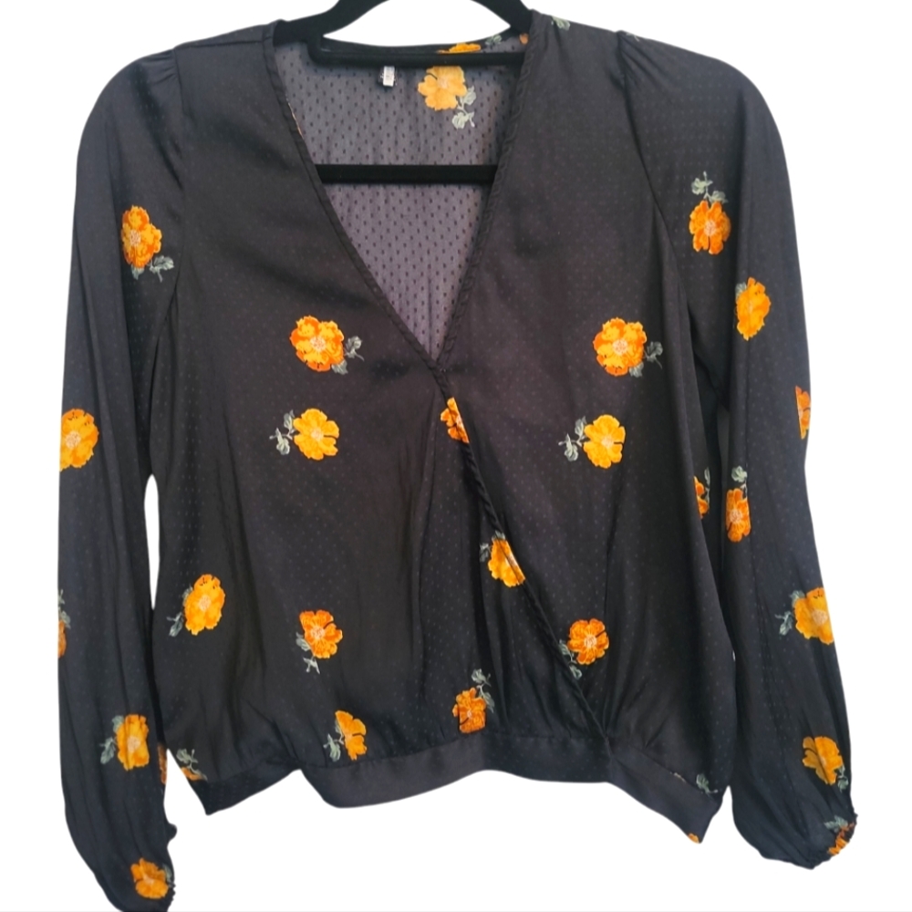Madewell Floral Black Wrap Blouse with Floral Accents